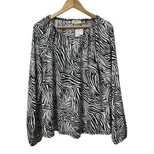 Michael Kors Zebra Print Jersey Long‎ Sleeve Blouse Size L Black Stretch Office
